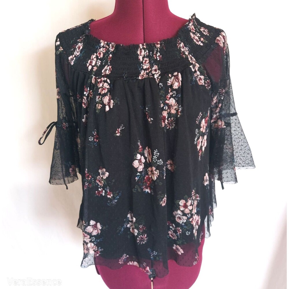 BCX Women's Floral Print Off Shoulder Sheer-3/4Sleeve Top Black Pink Fairy Sz M